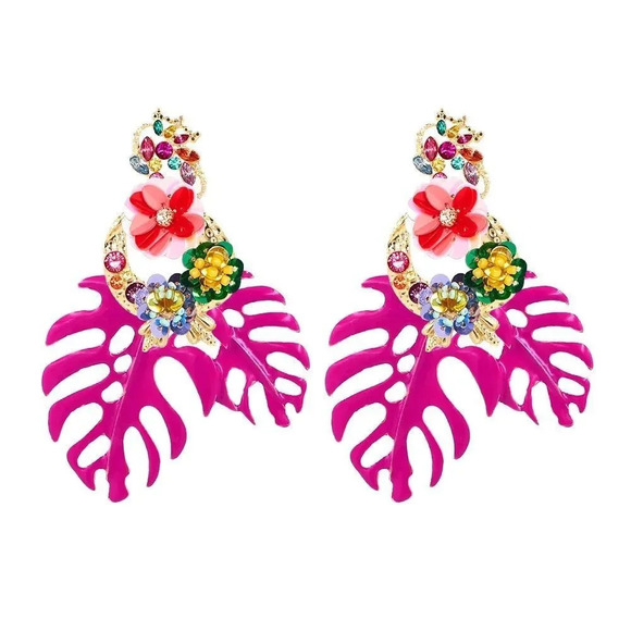 Zara Monstera Leaf Tropical Statement Drop Earrings - Picture 6 of 10
